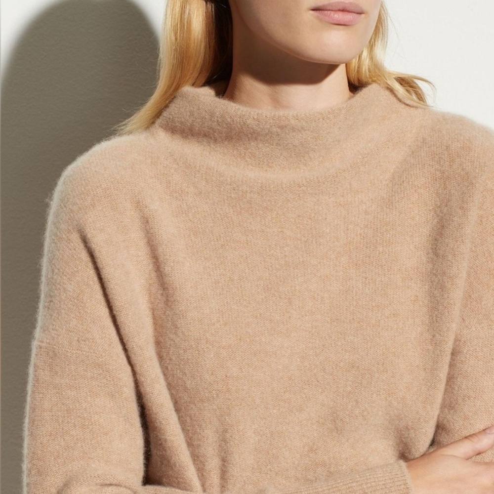VINCE Boiled Cashmere Funnel Neck Pullover in Camel - L